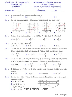 Đề thi HK1 Toán 12 năm học 2017 - 2018 Sở GD&ĐT Bạc Liêu (Có đáp án)