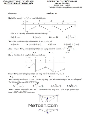 Đề Kiểm Tra Lần 1 Toán 12 Năm 2023 - 2024 Trường THPT Lý Thường Kiệt - Bắc Ninh
