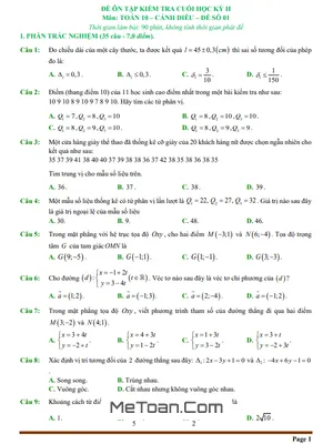 10 Đề Ôn Tập Cuối Học Kì 2 Toán 10 Cánh Diều (70% TN + 30% TL)