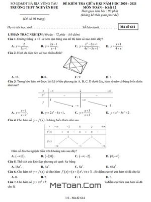 Đề thi giữa HK1 Toán 12 năm 2020 - 2021 trường THPT Nguyễn Huệ - Bà Rịa - Vũng Tàu
