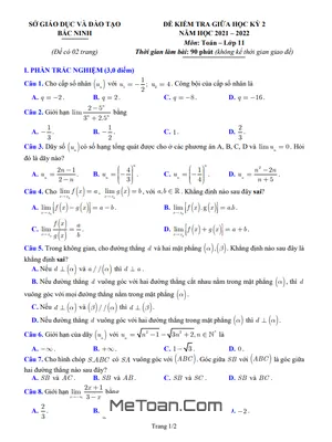 Đề kiểm tra giữa kỳ 2 Toán 11 năm 2021 - 2022 Sở GD&ĐT Bắc Ninh