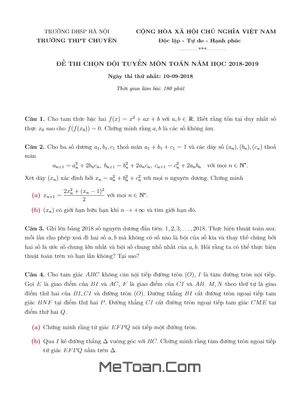 Đề thi chọn đội tuyển HSG Toán 2018-2019 trường THPT Chuyên ĐHSP Hà Nội