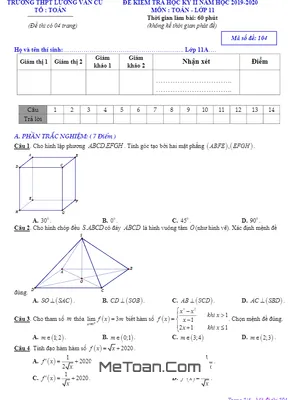 Đề thi học kỳ 2 Toán 11 năm 2019 - 2020 trường THPT Lương Văn Cù - An Giang