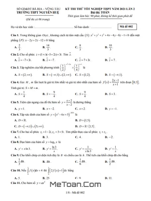 Đề thi thử THPT Quốc gia 2021 môn Toán lần 2 trường Nguyễn Huệ – BR VT