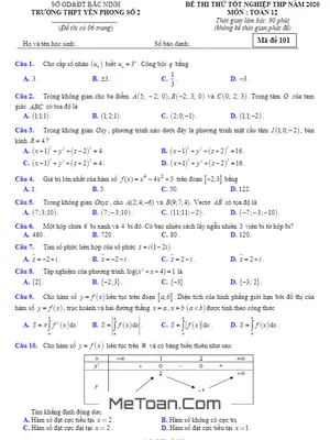 Đề thi thử tốt nghiệp THPT 2020 môn Toán trường Yên Phong 2 – Bắc Ninh (có đáp án)