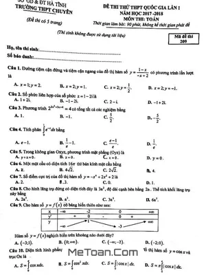 Đề thi thử Toán THPT Quốc gia 2018 trường THPT chuyên Hà Tĩnh lần 1 có đáp án