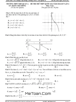 Đề thi thử THPT Quốc gia môn Toán trường Nho Quan A - Ninh Bình lần 2 năm 2017