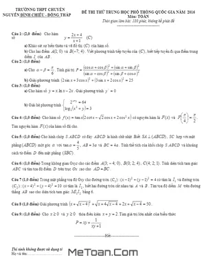 Đề thi thử THPT Quốc gia 2016 môn Toán trường THPT Nguyễn Đình Chiểu – Đồng Tháp