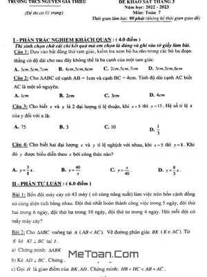 Đề khảo sát Toán 7 tháng 3 năm 2023 trường THCS Nguyễn Gia Thiều - Bắc Ninh