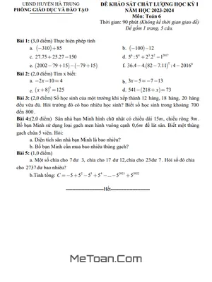 Đề thi học kì 1 Toán 6 năm 2023 - 2024 phòng GD&ĐT Hà Trung - Thanh Hóa