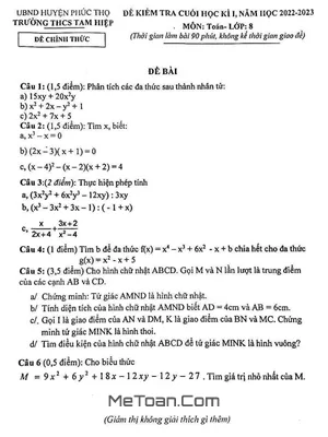 Đề thi học kì 1 môn Toán lớp 8 năm 2022 - 2023 trường THCS Tam Hiệp - Hà Nội