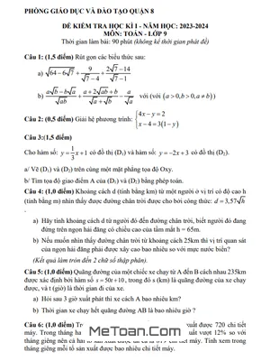 Trọn Bộ Đề Tham Khảo Cuối Kì 1 Toán 9 Năm 2023 - 2024 Phòng GD&ĐT Quận 8 - TP HCM