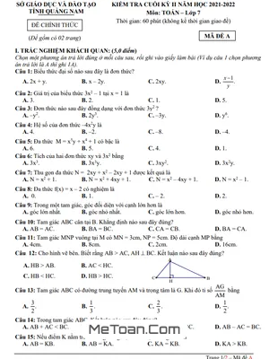 Đề kiểm tra cuối kỳ 2 Toán 7 năm 2021 - 2022 sở GD&ĐT Quảng Nam