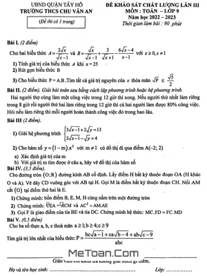 Đề khảo sát Toán 9 lần 3 năm 2022 - 2023 trường THCS Chu Văn An - Hà Nội