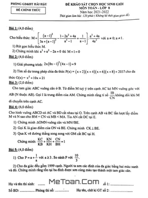 Đề thi học sinh giỏi Toán 8 năm 2021 - 2022 phòng GD&ĐT Hải Hậu - Nam Định