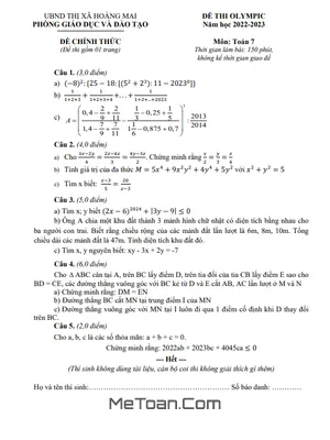 Đề thi Olympic Toán 7 năm 2022 - 2023 phòng GD&ĐT Hoàng Mai - Nghệ An