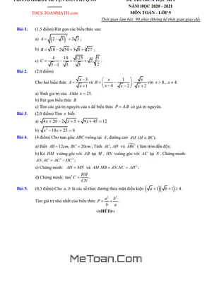 Đề thi giữa kì 1 Toán 9 năm 2020 - 2021 phòng GD&ĐT Đan Phượng - Hà Nội