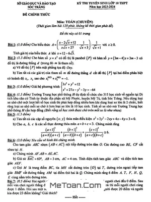 Đề thi tuyển sinh lớp 10 môn Toán (chuyên) năm 2023 - 2024 sở GD&ĐT Sóc Trăng
