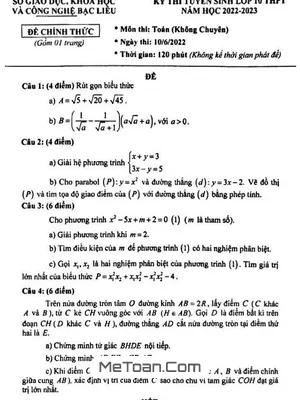 Đề thi tuyển sinh lớp 10 môn Toán (không chuyên) năm 2022 - 2023 Sở GD&ĐT Bạc Liêu