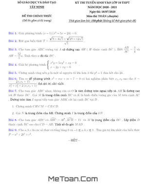 Đề Thi Tuyển Sinh Lớp 10 Môn Toán Chuyên Sở GD&ĐT Tây Ninh Năm Học 2020-2021