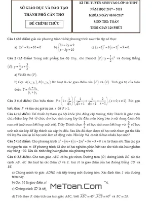 Đề Thi Tuyển Sinh Lớp 10 THPT Năm Học 2017 - 2018 Môn Toán Sở GD&ĐT Cần Thơ