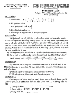 Đề thi chọn học sinh giỏi Toán 9 năm 2024 - 2025 phòng GD&ĐT Thạch Thất - Hà Nội