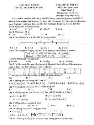 Đề thi học kỳ 1 Toán 6 năm 2024 - 2025 trường THCS Hùng Vương - TP HCM