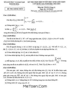 Đề chọn đội tuyển thi HSG QG môn Toán năm 2022 - 2023 sở GD&ĐT Khánh Hòa
