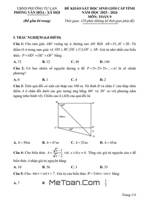 Đề Khảo Sát Học Sinh Giỏi Toán 9 Cấp Tỉnh Năm 2025 – 2026 Phường Tự Lạn, Bắc Ninh