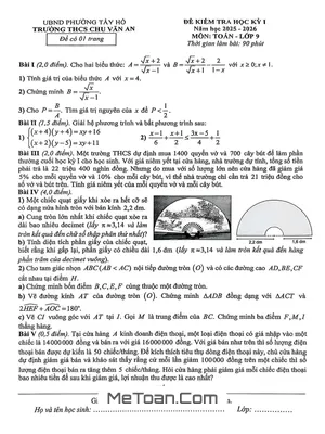 Đề thi học kỳ 1 Toán 9 năm 2025 – 2026 trường THCS Chu Văn An – Hà Nội