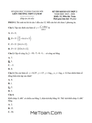 Đề Khảo Sát Toán 12 Đợt 2 Năm Học 2025 – 2026 Liên Trường THPT Cụm 09 – Hà Nội