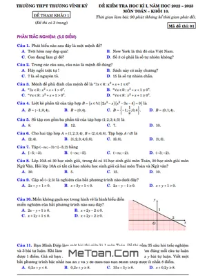 Đề Tham Khảo Kỳ 1 Toán 10 Năm 2022 – 2023 Trường THPT Trương Vĩnh Ký – Bến Tre
