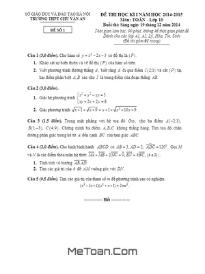 Đề thi học kì 1 lớp 10 môn Toán nâng cao - Trường THPT Chu Văn An - Hà Nội (2014 - 2015)