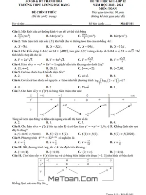 Đề thi học kì 1 Toán 12 năm 2023 - 2024 trường THPT Lương Đắc Bằng - Thanh Hóa (có đáp án)
