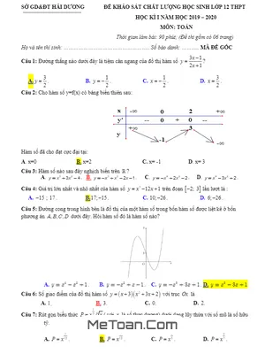 Đề thi HK1 Toán 12 năm học 2019 - 2020 sở GD&ĐT Hải Dương