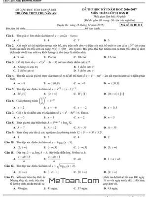 Đề thi HK1 Toán 12 năm 2016 - 2017 trường THPT Chu Văn An - Hà Nội