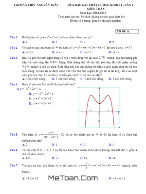 Đề khảo sát chất lượng Toán 12 năm 2018 - 2019 trường Nguyễn Trãi - Thanh Hóa lần 1