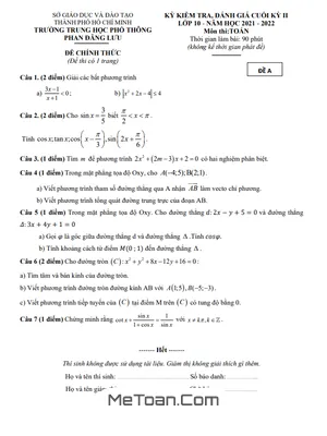Đề Thi Cuối Kỳ 2 Toán 10 Năm 2021 - 2022 Trường THPT Phan Đăng Lưu - TP.HCM