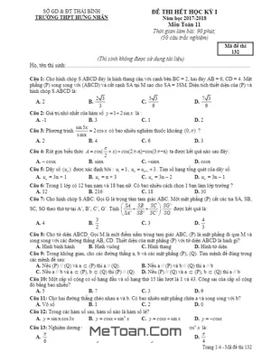 Đề thi học kỳ 1 Toán 11 năm 2017 - 2018 trường THPT Hưng Nhân - Thái Bình (có đáp án)