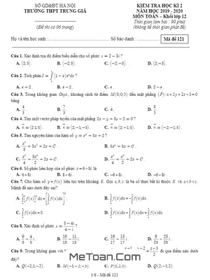 Đề thi học kì 2 Toán 12 năm 2019 - 2020 trường THPT Trung Giã - Hà Nội (có đáp án)