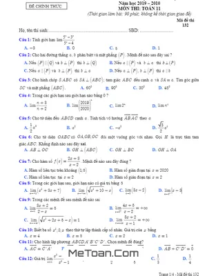 Đề thi giữa HK2 Toán 11 năm 2019 - 2020 trường THPT Lý Thái Tổ - Bắc Ninh