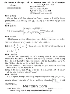 Đề thi học sinh giỏi tỉnh Toán 12 chuyên năm 2021 - 2022 Sở GD&ĐT Đồng Nai