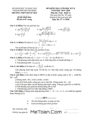 Đề thi học kì 2 Toán 11 năm 2019 - 2020 trường THPT Bách Việt - TP HCM