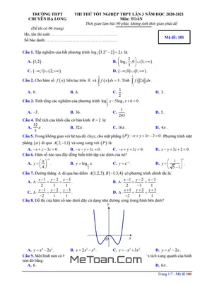 Đề thi thử Toán TN THPT 2021 lần 3 trường chuyên Hạ Long – Quảng Ninh