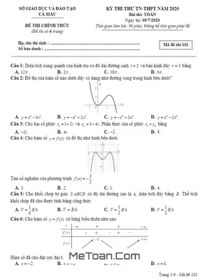 Đề thi thử tốt nghiệp THPT năm 2020 môn Toán sở GD&ĐT Cà Mau