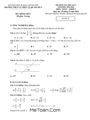 Đề thi học kỳ 1 Toán 7 năm 2022 - 2023 trường Tạ Quang Bửu - Hà Nội