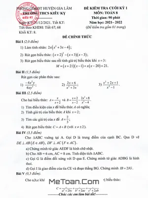 Đề thi học kỳ 1 Toán lớp 8 năm 2021 - 2022 trường THCS Kiêu Kỵ - Hà Nội