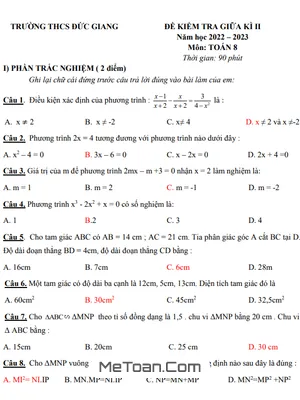 Đề thi giữa kì 2 Toán 8 năm 2022 - 2023 trường THCS Đức Giang - Hà Nội