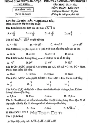 Đề Thi Học Kì 1 Toán 9 Năm 2022 - 2023 Phòng GD&ĐT Thủ Thừa - Long An