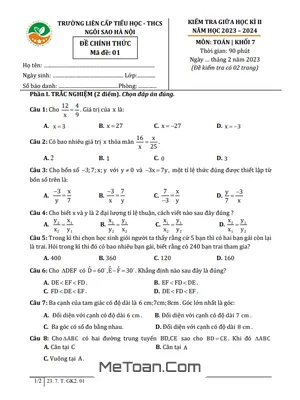 Đề giữa học kì 2 Toán 7 năm 2023 - 2024 trường TH&THCS Ngôi Sao Hà Nội